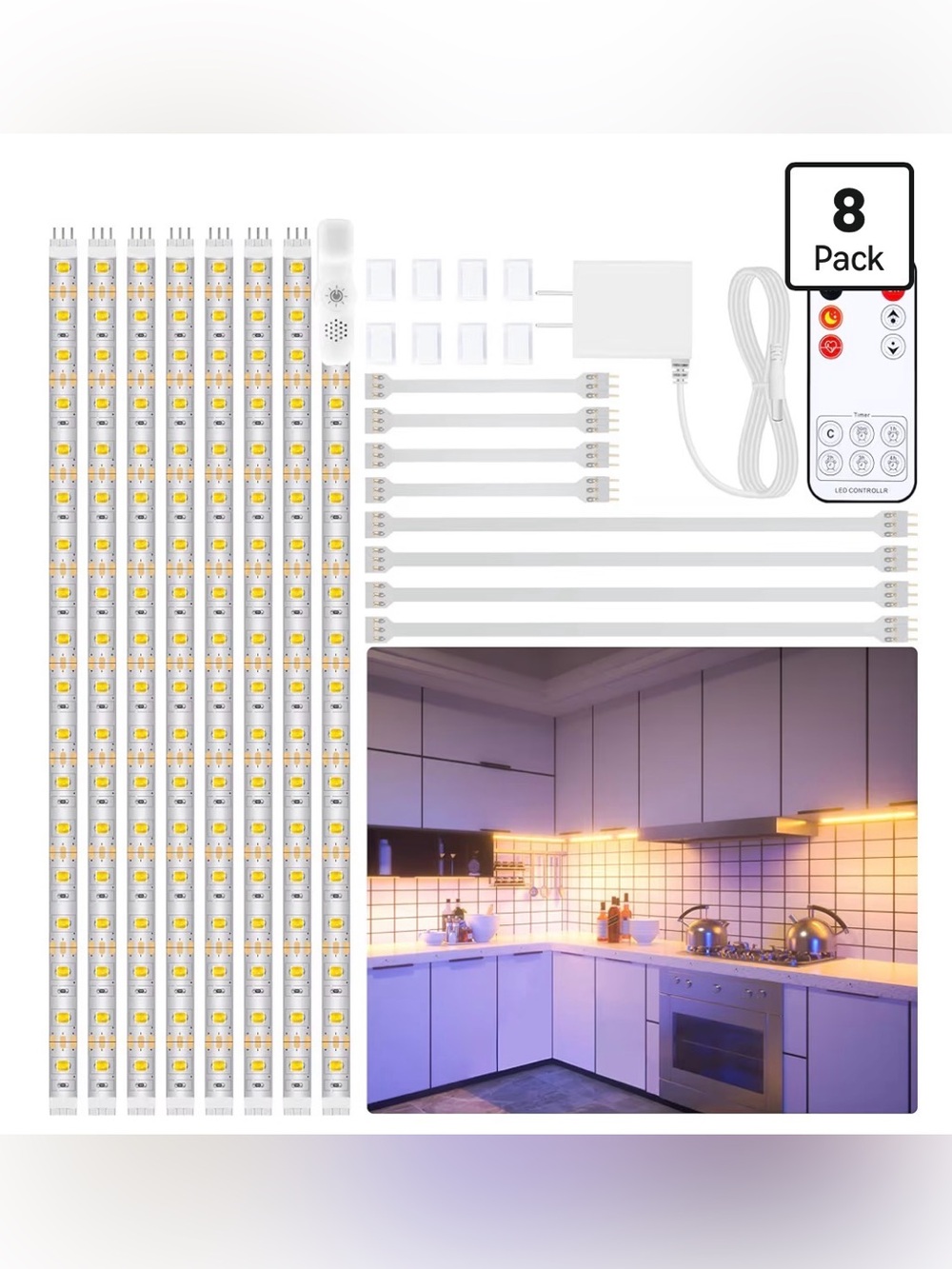 White LED Under-Cabinet Strip Light Kit with Remote - 8 Pack